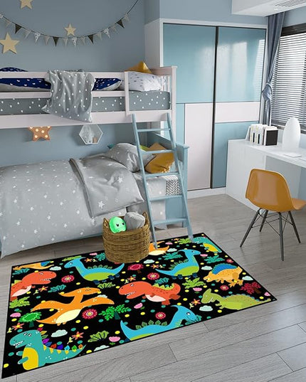 Dino Rugs for Boys Room Kids Play Rug Dinosaur Play Rug Dinosaur Carpet Dinosaur Rug Dinosaur Cartoon Carpet for Boys and Girls Bedroom Classroom,Black 4'×5' - LeafyLoom