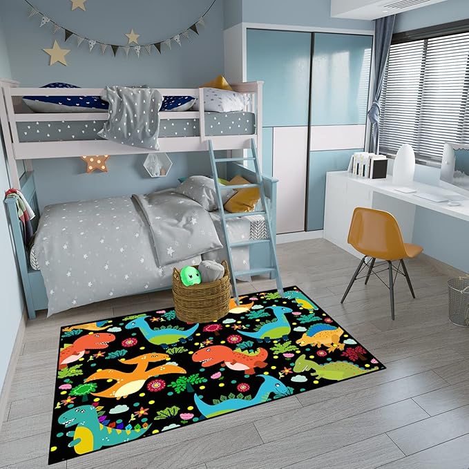 Dino Rugs for Boys Room Kids Play Rug Dinosaur Play Rug Dinosaur Carpet Dinosaur Rug Dinosaur Cartoon Carpet for Boys and Girls Bedroom Classroom,Black 4'×5' - LeafyLoom