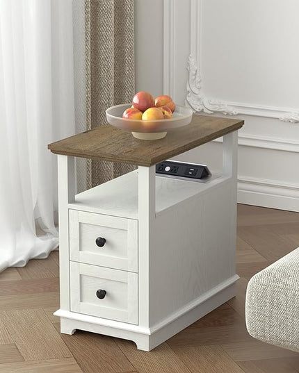 HIFYOBRO End Table with 2 Drawers, White Storage Side Table with Flip Top Fast Charging Station, Type-C & USB port & Power outlets, Wooden Storage Cabinet for Living Room and Bedroom - LeafyLoom