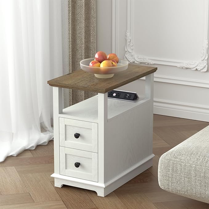 HIFYOBRO End Table with 2 Drawers, White Storage Side Table with Flip Top Fast Charging Station, Type-C & USB port & Power outlets, Wooden Storage Cabinet for Living Room and Bedroom - LeafyLoom