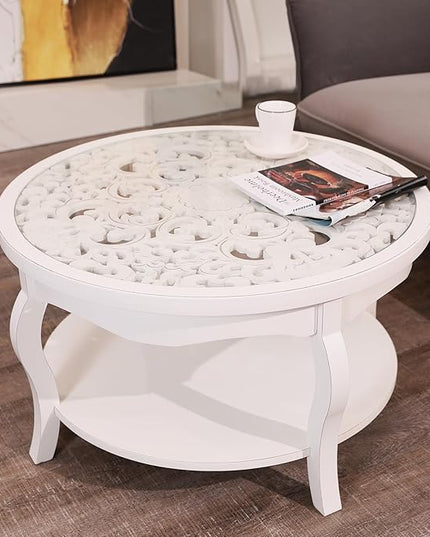 FINECASA Round White Coffee Table, 33.7x19 inches, Glass Top, Vintage Boho Design, Wood, White Patterned - LeafyLoom