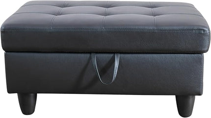ROOMTEC Button L Shape 3 Piece Sectional Sofa Set, Upholstered Corner Couch with Storage Ottoman, Faux Leather Tufted Cushions, for Living Room, Apartment, 103inch, Black w/Left Chaise Lounge - LeafyLoom