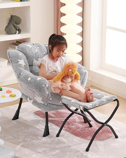 Welnow Toddler Kids Lazy Chair with Ottoman, Glow in The Dark Accent Comfy Lounge Children Armchair Couch with Removable Cover, Detachable Reading Chair with Footrest for Boy or Girl, Grey Star - LeafyLoom