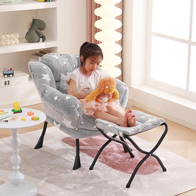 Welnow Toddler Kids Lazy Chair with Ottoman, Glow in The Dark Accent Comfy Lounge Children Armchair Couch with Removable Cover, Detachable Reading Chair with Footrest for Boy or Girl, Grey Star - LeafyLoom