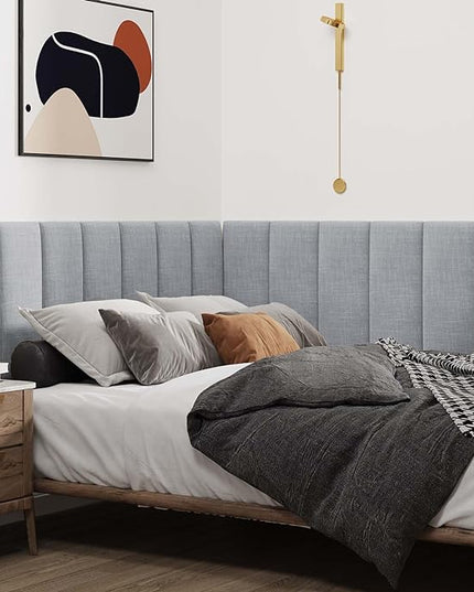 Upholstered Wall Mounted Headboard, 3D Soundproof Wall Panels Peel and Stick Headboard for King Size, Reusable and Removable Tufted Bed Headboard in Light Grey(12 Panels, 10" x 24") - LeafyLoom