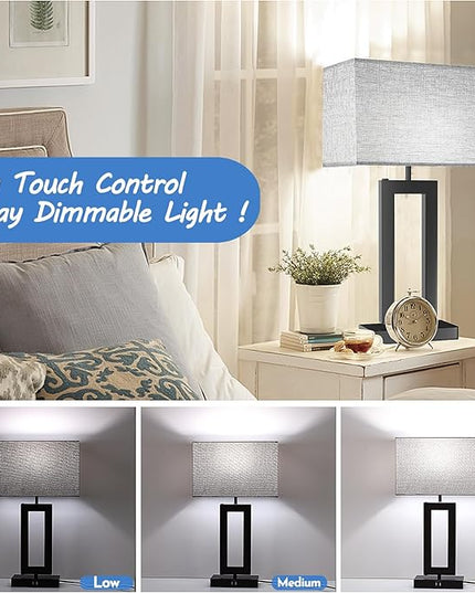 22’’ Tall Set of 2 Touch Control Table Lamp w. 2 USB Ports, 3-Way Dimmable Modern Bedroom Bedside Touch Lamps w. Fabric Gray Shade for Living Room End Table Nightstand Reading - LeafyLoom