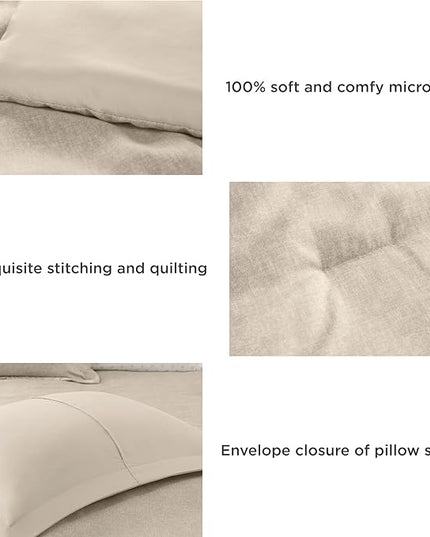 Beige Comforter Set Queen Size - Taupe Soft Luxury Chambray Printed, All Season Lightweight Breathable Bedding Set, 3 Pieces Including 1 Comforter and 2 Pillow Shams - LeafyLoom