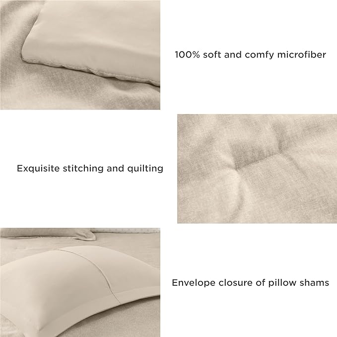 Beige Comforter Set Queen Size - Taupe Soft Luxury Chambray Printed, All Season Lightweight Breathable Bedding Set, 3 Pieces Including 1 Comforter and 2 Pillow Shams - LeafyLoom
