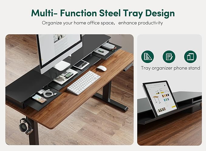 FEZIBO 48 x 24 Inch Height Adjustable Glass Electric Standing Desk with Double Drawer, Stand Up Desk with Storage Shelf, Sit Stand Desk, Black Walnut - LeafyLoom