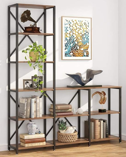 Tribesigns 9 Shelves Bookshelves, Industrial Ladder Corner Etagere Bookcase, Rustic 6-Tier Display Open Shelf Storage Organizer for Living Room - LeafyLoom