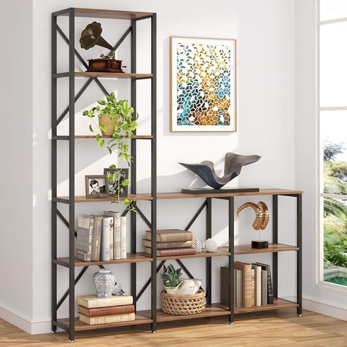 Tribesigns 9 Shelves Bookshelves, Industrial Ladder Corner Etagere Bookcase, Rustic 6-Tier Display Open Shelf Storage Organizer for Living Room - LeafyLoom