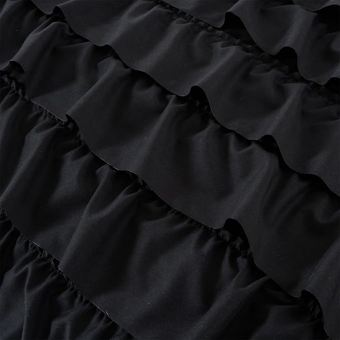 A Nice Night Waterfall Flutter Ruffle 3PCS Comforter Set,Chic Ruffled Textured Princess Bedding Set,Black,Twin - LeafyLoom