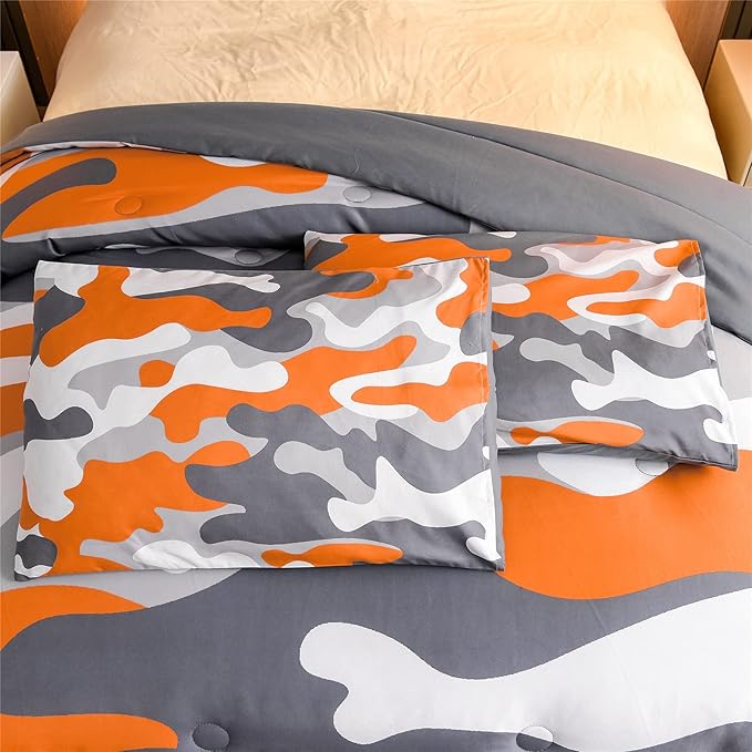 Meeting Story Kids Camo Bedding Set, Army Camouflage Bedding Queen Comforter Set for Boys Girls Teens Bedroom Decoration, 3Pcs (Orange, Queen) - LeafyLoom