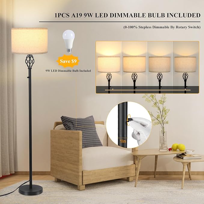 Floor Lamps for Living Room, Standing Lamp, Modern Floor lamp with Linen Shade, Rotary Switch, LED Bulb Included(10W 1000LM), Stepless Dimmable Floor Lamp for Bedroom, Reading Tall Lamp for Office - LeafyLoom