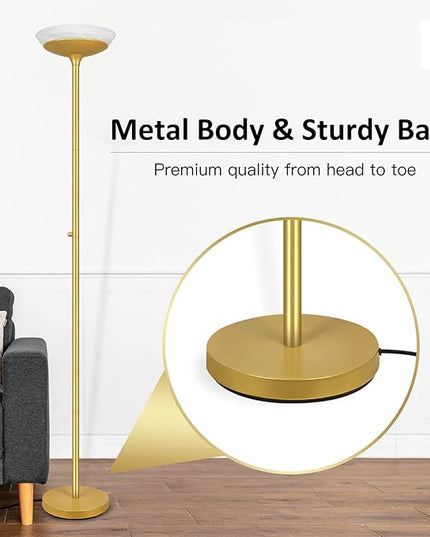 BoostArea Torchiere Floor Lamp, 24W Super Bright LED Standing Lamp, 3000K Stepless Dimmable Pole Lamp with Rotary Switch, 70 Inch Tall Metal Modern Floor Lamps for Living Room/Bedroom/Office/Den, Gold - LeafyLoom