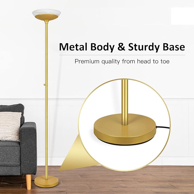 BoostArea Torchiere Floor Lamp, 24W Super Bright LED Standing Lamp, 3000K Stepless Dimmable Pole Lamp with Rotary Switch, 70 Inch Tall Metal Modern Floor Lamps for Living Room/Bedroom/Office/Den, Gold - LeafyLoom