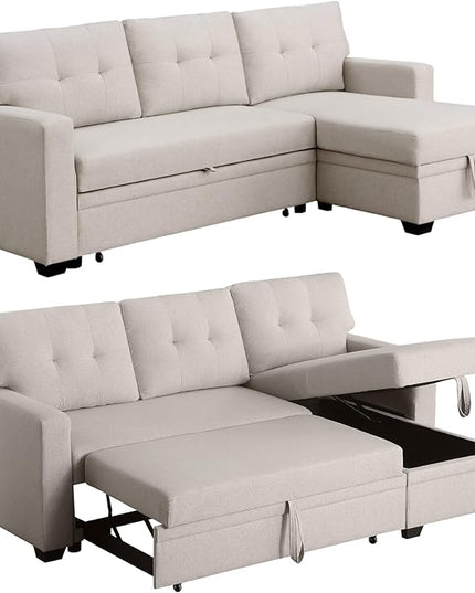 82 Inch Sectional Couch, L Shaped Convertible Sofa Chaise, Linen Reversible Upholstered Pull Out Bed, Storage Space for Living Room, Apartment and Office, Beige, 82inch - LeafyLoom