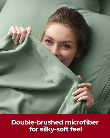 Mellanni Extra Deep Queen Sheets - 4 PC Iconic Collection Bedding Sheets & Pillowcases - Hotel Luxury, Ultra Soft, Cooling Bed Sheets - Extra Deep Pocket up to 21 inch (Queen, Sage) - LeafyLoom