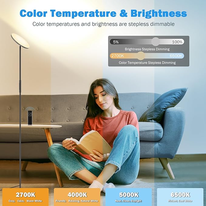LED Floor Lamp, 3000LM 30W Super Bright Standing Lamp, 300W Equivalent Modern Torchiere Sky Lamp, 2700K-6500K Stepless Dimming with Remote & Touch Control, 69" Tall Lamp for Living Room Bedroom Office - LeafyLoom