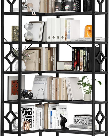 YITAHOME 7 Tier Corner Bookshelf Reversible Bookcase, Tall Bookshelf Display Rack Shelf with Metal Frame for Living Room, Bedroom, Home Office, Black - LeafyLoom