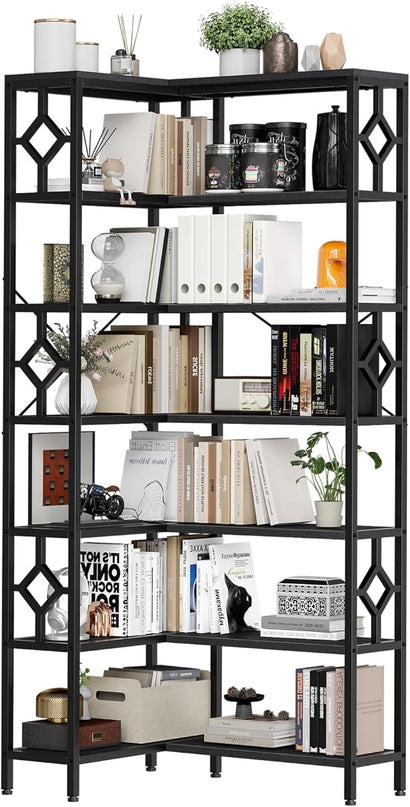 YITAHOME 7 Tier Corner Bookshelf Reversible Bookcase, Tall Bookshelf Display Rack Shelf with Metal Frame for Living Room, Bedroom, Home Office, Black - LeafyLoom