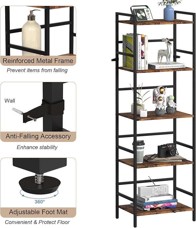 DOMYDEVM Tall Bookshelf, 5 Tier Free Standing Shelves, Wood Storage Shef Unit with Metal Frame, Brown Bookshelf for Small Spaces, Office, Living Room, Bedroom - LeafyLoom