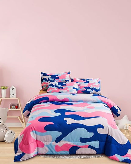 Meeting Story Camouflage Bedding Set, Colorful Pattern Style Queen Camouflage Comforter Set, 3 PCS 1 Comforter and 2 Pillowcases in 1 Bag, All Season Bedspread for Kids Teens Adults (Blue, Queen) - LeafyLoom