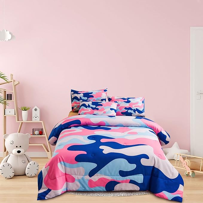 Meeting Story Camouflage Bedding Set, Colorful Pattern Style Twin Camouflage Comforter Set, 3 PCS 1 Comforter and 2 Pillowcases in One Bag, All Season Bedspread for Kids Teens Adults (Blue, Twin) - LeafyLoom