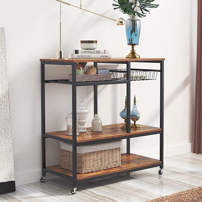 SogesGame Kitchen Cart Kitchen Baker's Rack, 3-Tier Vintage Serving Cart with Wheels Utility Cart Microwave Stand Storage Shelf Coffee Cart for Kitchen Coffee Station - LeafyLoom