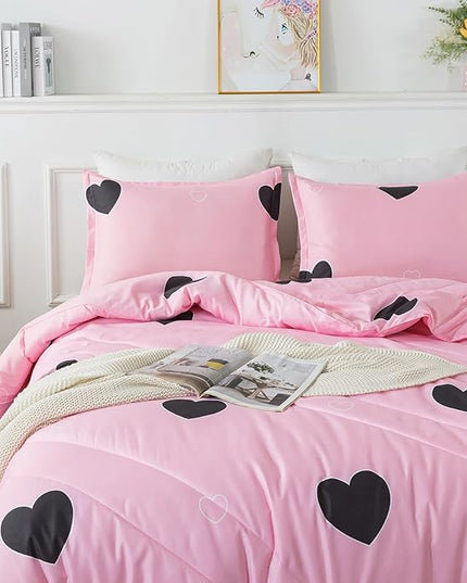 Girls Pink Comforter Set Twin Size, Blush Pink Cute Love Heart Print Sexy Comforter Bedding Set for All Seasons, Geometric Soft Microfiber Comforter Set with Pillowsham - LeafyLoom