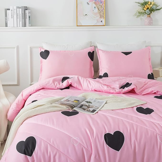 Girls Pink Comforter Set Twin Size, Blush Pink Cute Love Heart Print Sexy Comforter Bedding Set for All Seasons, Geometric Soft Microfiber Comforter Set with Pillowsham - LeafyLoom
