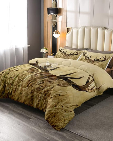 Antler Comforter Set Twin, Whitetail Deer Down Comforter, Stag Quilted Duvet, Countryside Rural Hunting Theme Comforter Set for Christmas Decorations Bedroom Decor All Season, Ultra Lightweight - LeafyLoom