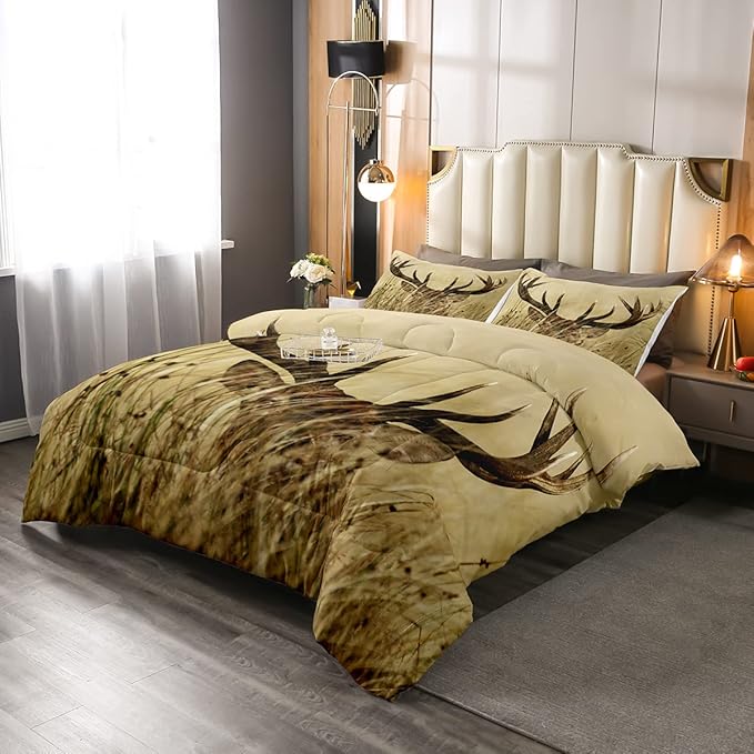 Antler Comforter Set Twin, Whitetail Deer Down Comforter, Stag Quilted Duvet, Countryside Rural Hunting Theme Comforter Set for Christmas Decorations Bedroom Decor All Season, Ultra Lightweight - LeafyLoom