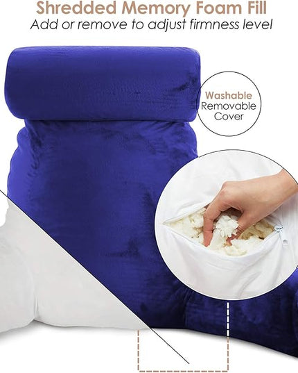 Clara Clark Reading Pillow, Large Back Pillow for Sitting Up in Bed, Memory Foam Back Support Pillow, Reading Pillows for Sitting in Bed Adult, Royal Blue Sit Up Pillow for Bed with Arms and Pockets - LeafyLoom