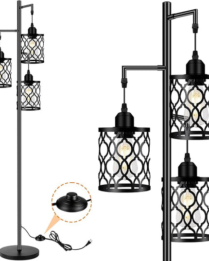 Industrial Floor Lamp, Metal Farmhouse Floor Lamp for Living Room, Rustic Standing Tall Lamp with 3 Elegant Cage Heads, Tree Floor Lamp for Bedrooms, Home Office, Bar, 68", Black, Bulb Not Included - LeafyLoom