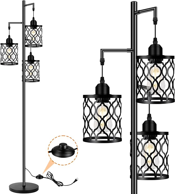 Industrial Floor Lamp, Metal Farmhouse Floor Lamp for Living Room, Rustic Standing Tall Lamp with 3 Elegant Cage Heads, Tree Floor Lamp for Bedrooms, Home Office, Bar, 68", Black, Bulb Not Included - LeafyLoom