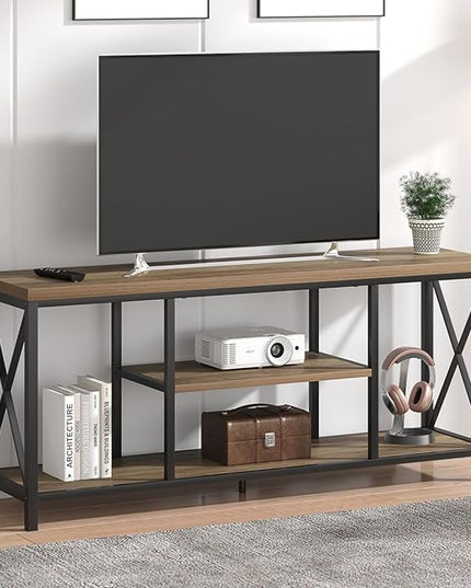 FOLUBAN TV Stand for TV up to 65 inch, Rustic Wood and Metal Entertainment Center with Storage Shelves, Modern Industrial Media TV Console Table for Living Room, Oak 55 inch - LeafyLoom