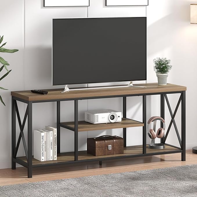FOLUBAN TV Stand for TV up to 65 inch, Rustic Wood and Metal Entertainment Center with Storage Shelves, Modern Industrial Media TV Console Table for Living Room, Oak 55 inch - LeafyLoom