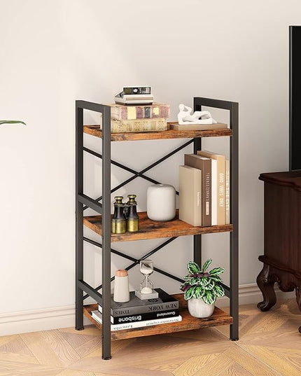 Bookshelf, 3 Tier Industrial Bookcase, Metal Small Bookcase, Rustic Etagere Book Shelf Storage Organizer for Living Room, Bedroom, and Home Office(Rustic Brown) Patent Pending D29873033 - LeafyLoom
