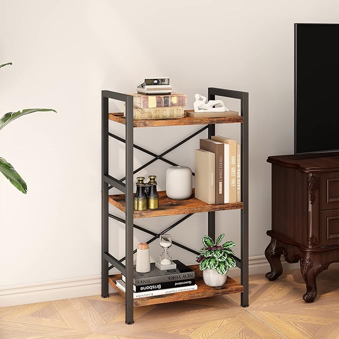 Bookshelf, 3 Tier Industrial Bookcase, Metal Small Bookcase, Rustic Etagere Book Shelf Storage Organizer for Living Room, Bedroom, and Home Office(Rustic Brown) Patent Pending D29873033 - LeafyLoom