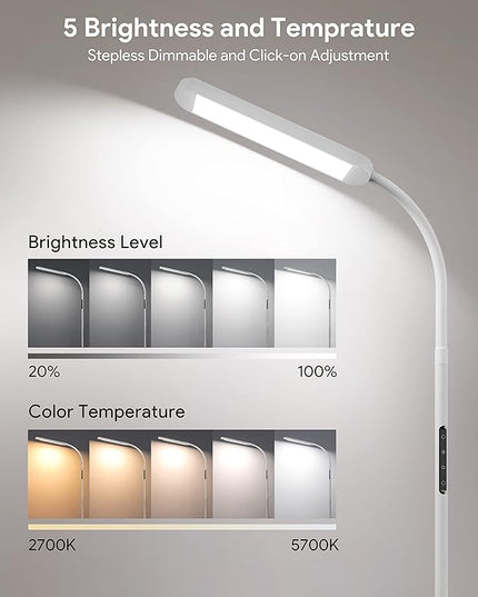 MediAcous Floor Lamp, LED Floor Lamp with Remote, 5 Colors & 5 Brightness & Stepless Adjustable Standing Lamp Work with Wall Switch,1H Timer, Memory Function, Gooseneck for Living Room Bedroom, White - LeafyLoom
