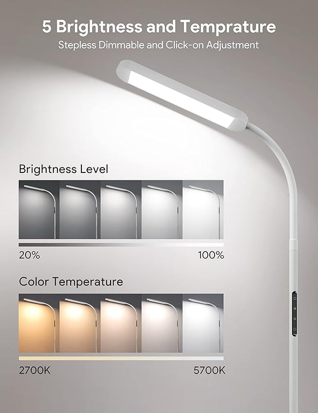 MediAcous Floor Lamp, LED Floor Lamp with Remote, 5 Colors & 5 Brightness & Stepless Adjustable Standing Lamp Work with Wall Switch,1H Timer, Memory Function, Gooseneck for Living Room Bedroom, White - LeafyLoom