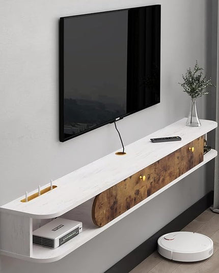 Floating TV Unit, 71'' Wall Mounted TV Cabinet, Floating Shelves with Door & Drawer, Farmhouse Entertainment Media Console Center Large Storage TV Bench for Living Room (71IN, Rustic Brown) - LeafyLoom