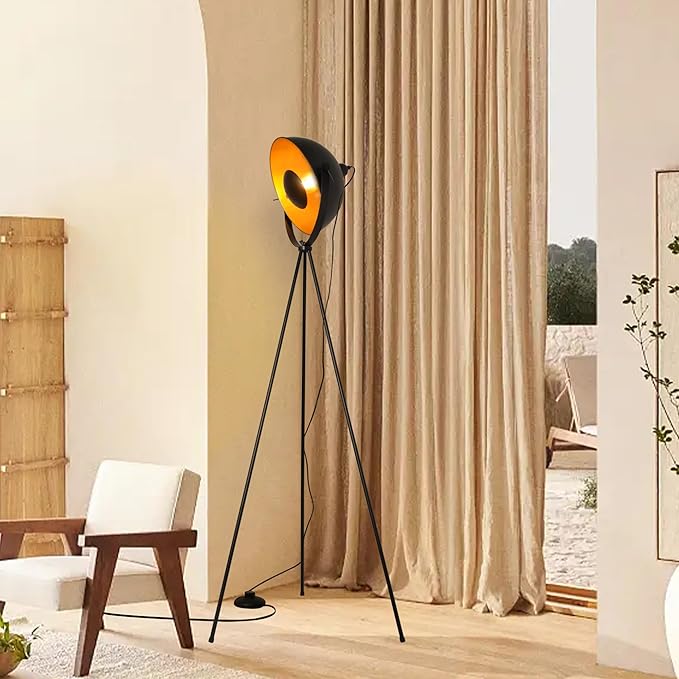 Modern Industrial Tripod LED Satellite Floor Lamp for Living Room, Adjustable Gold Lampshade Spotlight Standing Lamp with Foot Switch, Retro Black E26 Base Floor Light Fixture for Bedroom, Office - LeafyLoom