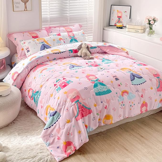 Wajade Kids Pink Princess Comforter Set Bed in a Bag Twin Size 7 Piece Princess Fairy Tales Castle Bedding Set for Girls (1 Comforter, 1 Flat Sheet, 1 Fitted Sheet, 2 Pillowcase and 2 Pillow Sham) - LeafyLoom