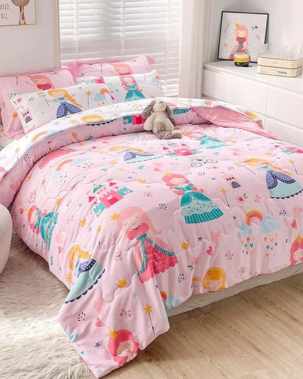 Wajade Kids Pink Princess Comforter Set Bed in A Bag Full Size 7 Piece Princess Fairy Tales Castle Bedding Set for Girl (1 Comforter, 1 Flat Sheet, 1 Fitted Sheet, 2 Pillowcase and 2 Pillow Sham) - LeafyLoom