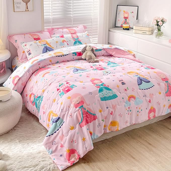 Wajade Kids Pink Princess Comforter Set Bed in A Bag Full Size 7 Piece Princess Fairy Tales Castle Bedding Set for Girl (1 Comforter, 1 Flat Sheet, 1 Fitted Sheet, 2 Pillowcase and 2 Pillow Sham) - LeafyLoom