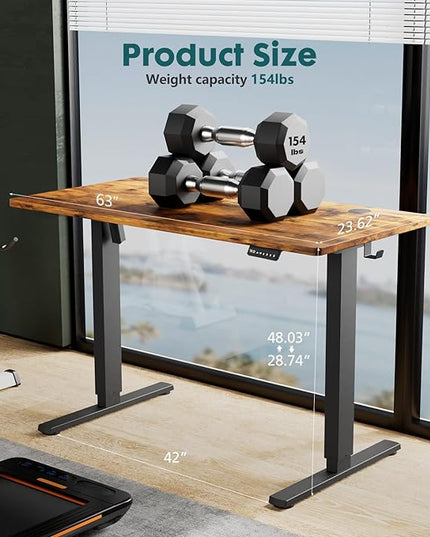SMUG Electric Standing Desk, 63 x 24 Inch, Modern Style, Adjustable Height, 154 lbs Capacity, with Memory Presets, for Home Office, Rustic Brown - LeafyLoom