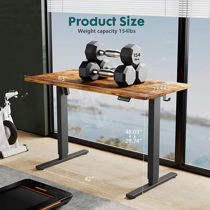 SMUG Electric Standing Desk, 63 x 24 Inch, Modern Style, Adjustable Height, 154 lbs Capacity, with Memory Presets, for Home Office, Rustic Brown - LeafyLoom