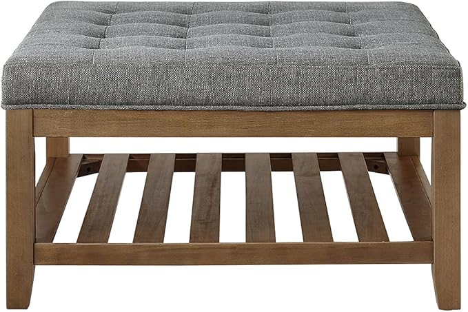 24KF Large Square Upholstered Tufted Linen Ottoman Coffee Table, Large Footrest Ottoman with Solid Wood Shelf-Granite - LeafyLoom